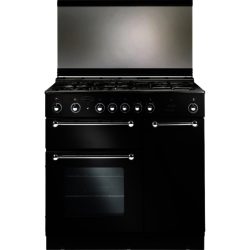 Rangemaster 90cm Natural Gas with FSD Hob 73530 Range Cooker in Black with Chrome trim and Port hole doors
